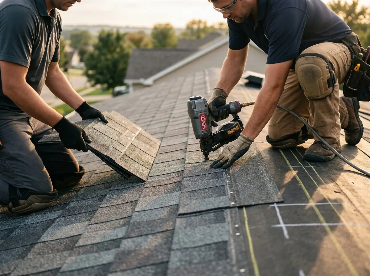 Professional roofer working on a residential roof in Center Line